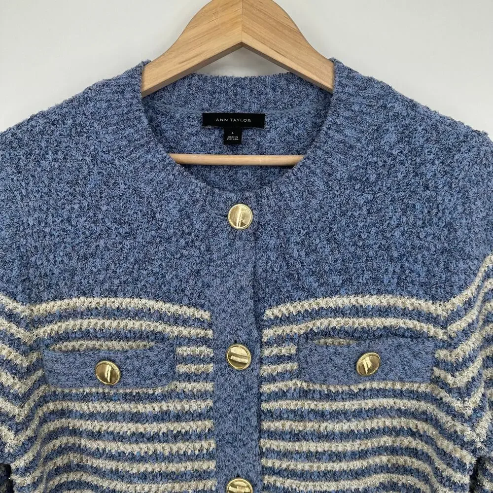 Ann Taylor Denim Striped Cardigan Gold Button Sweater Jacket Metallic Blue White - Picture 7 of 13